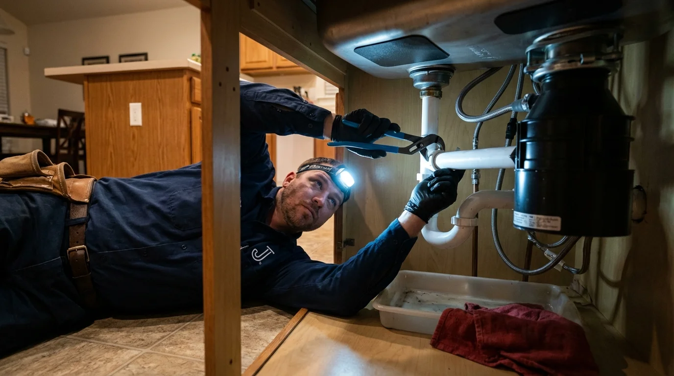 P-trap and supply line connections under a kitchen sink showing a common leak point in Rockingham, NC